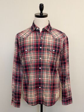 Roebuck & Co Red Navy Plaid Button Down Shirt Cotton Size Medium